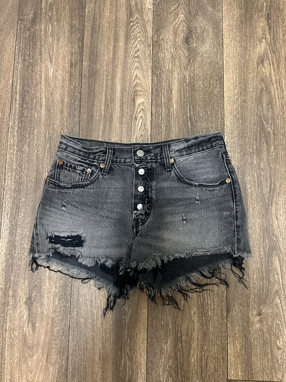 Levi 501 Grey Distressed Button-Front Denim Shorts